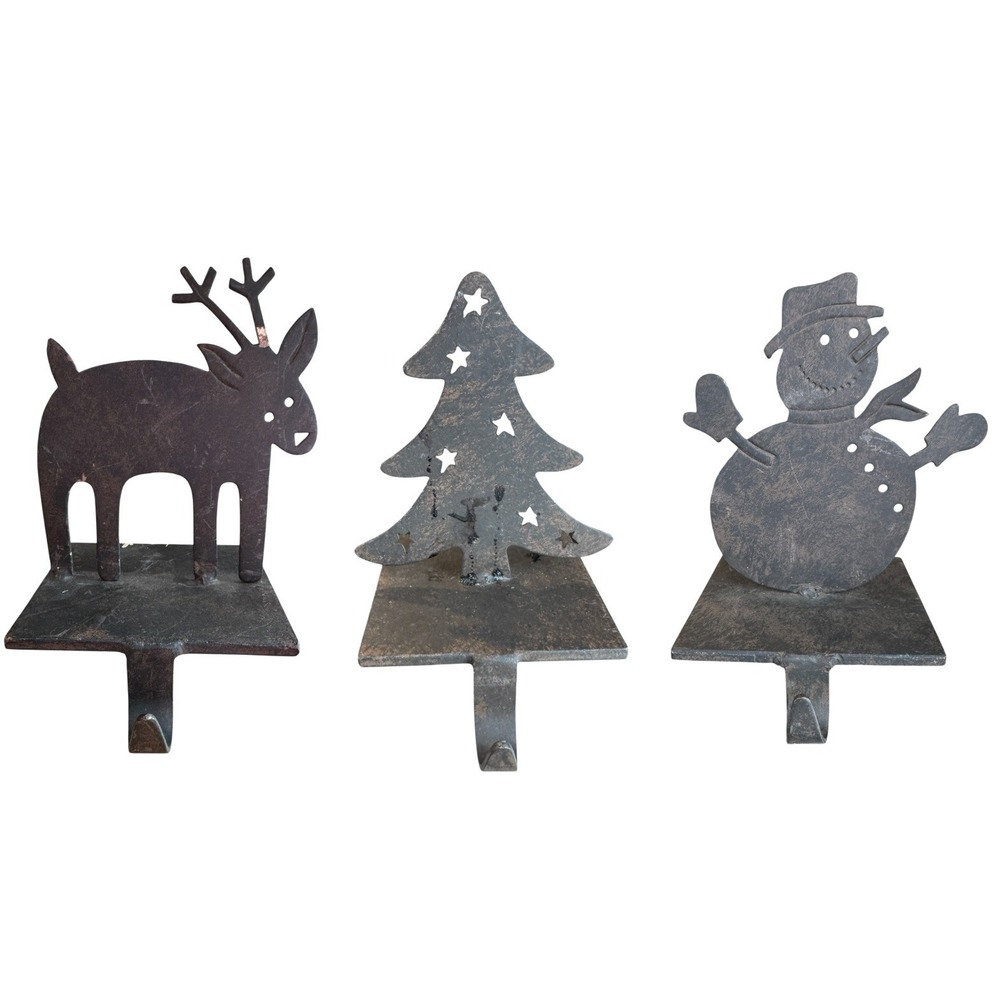 Rustic‎ Heavy Metal Christmas Stocking Hangers Set of 3 Reindeer Tree Snowman 6"